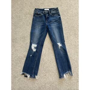 LOVERVET SPELLBOUND MID RISE CROP KICK FLARE JEANS DARK BLUE WASH SIZE 26/3